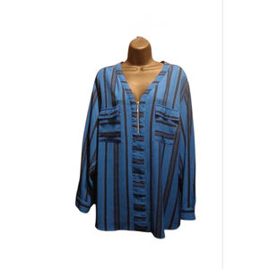 Notations Woman's 3X Plus Size Striped 1/4 Zip Blouse Royal Blue (JC262)